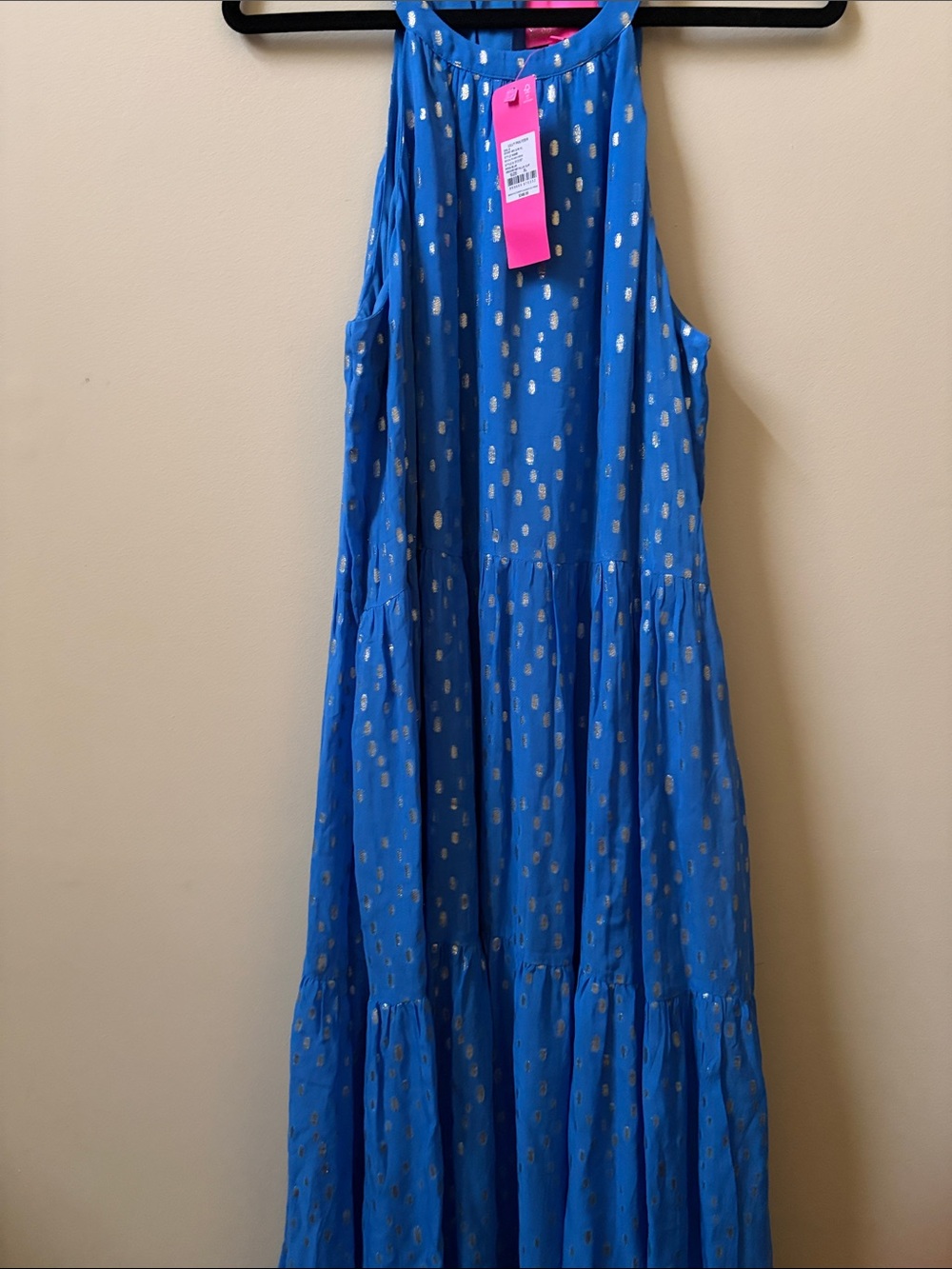 Lilly Pulitzer Blue Maxi Dress with Metallic Gold Dot Print